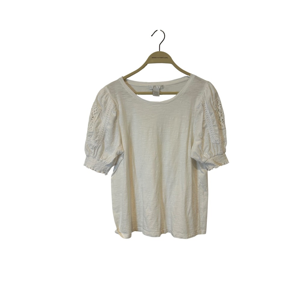 Design History Puff Sleeve Top Womens Large White Crochet Lace Slub Cotton